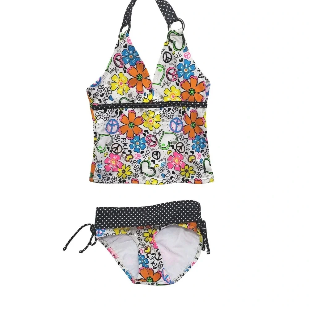 Justice Girls White Black Orange Floral Peace &‎ Love Two Piece Swimsuit 6 NWOT